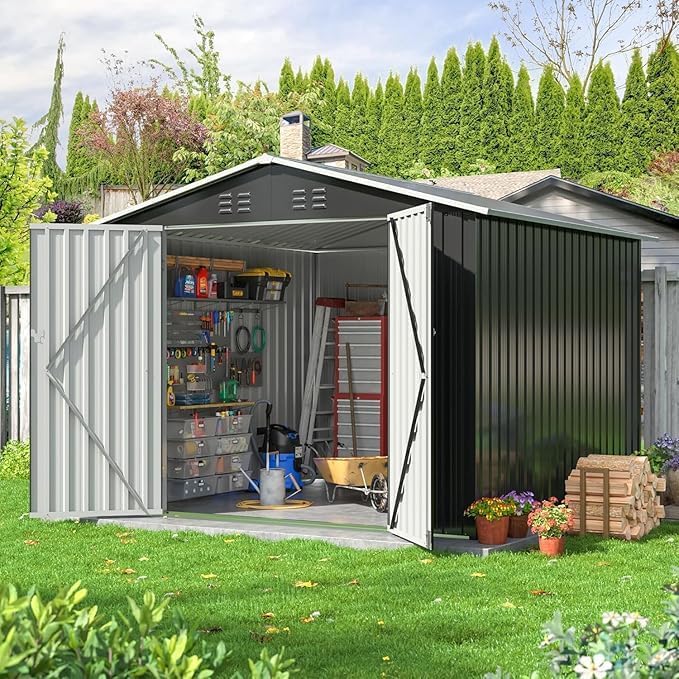 Polar Aurora 8x8 FT Outdoor Storage Shed, Metal Garden Shed with Updated Frame Structure, Tool Sheds for Backyard Garden Patio Lawn, Black