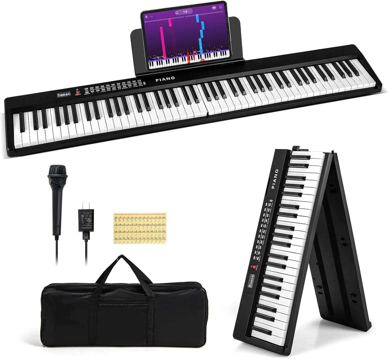 Costzon 88-Key Folding Piano Keyboard, Full-Size Semi-Weighted Electric Piano Digital Piano w/MIDI, Microphone, Music Stand & Carrying Bag, Portable Keyboard Piano for Beginners Teens Adults (Black)
