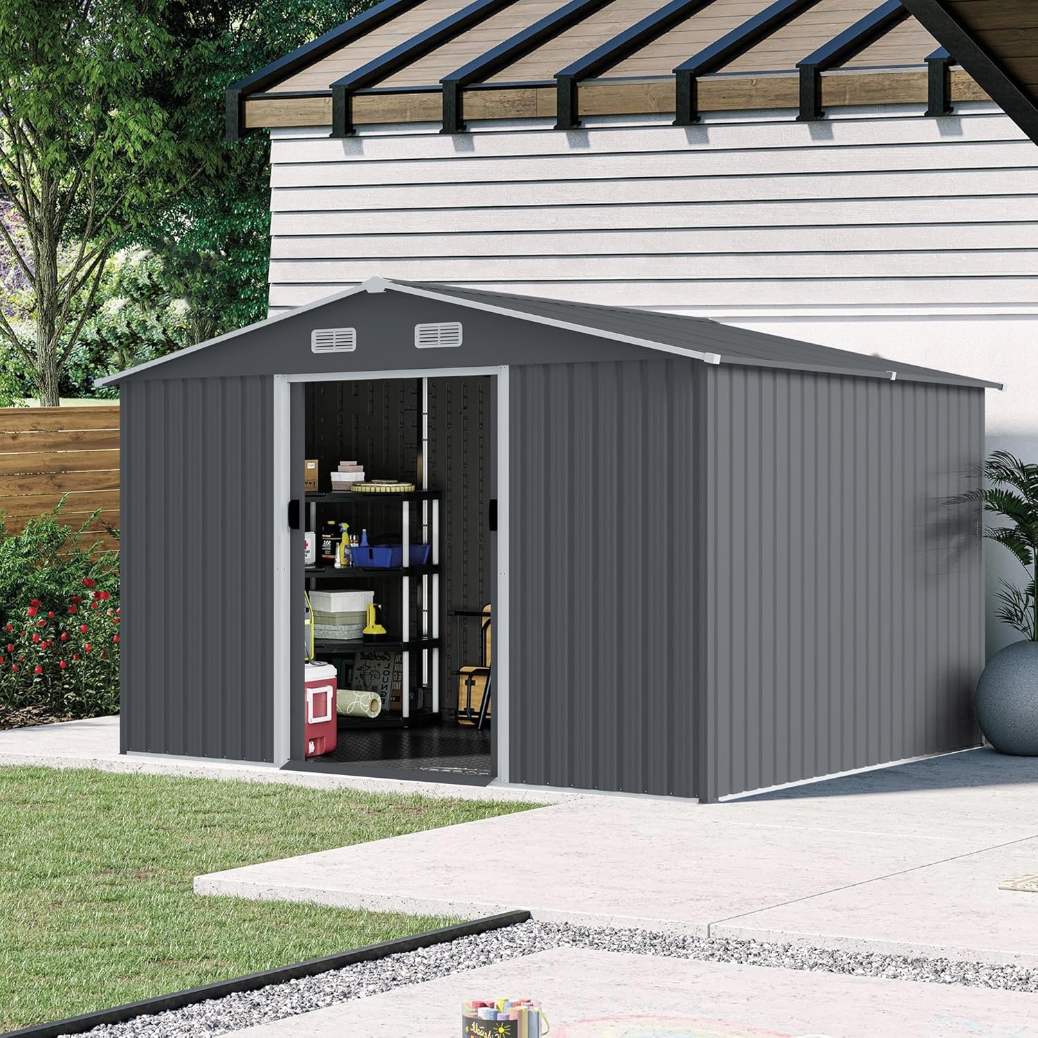 Outdoor Storage Shed 8x10 FT Metal Garden Tool Shed Waterproof with Sliding Doors, Lean-to Storage Building Cabinet for Backyard Patio Lawn Bike and Tool Storage,Grey