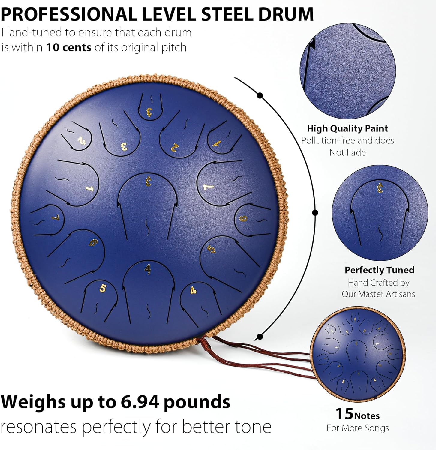 Steel Tongue Drum - 14 Inch 15 Note Tongue Drum - Hand Pan Drum with Music Book, Handpan Musical Instrument Mallets and Carry Bag, C Major, Deep Blue