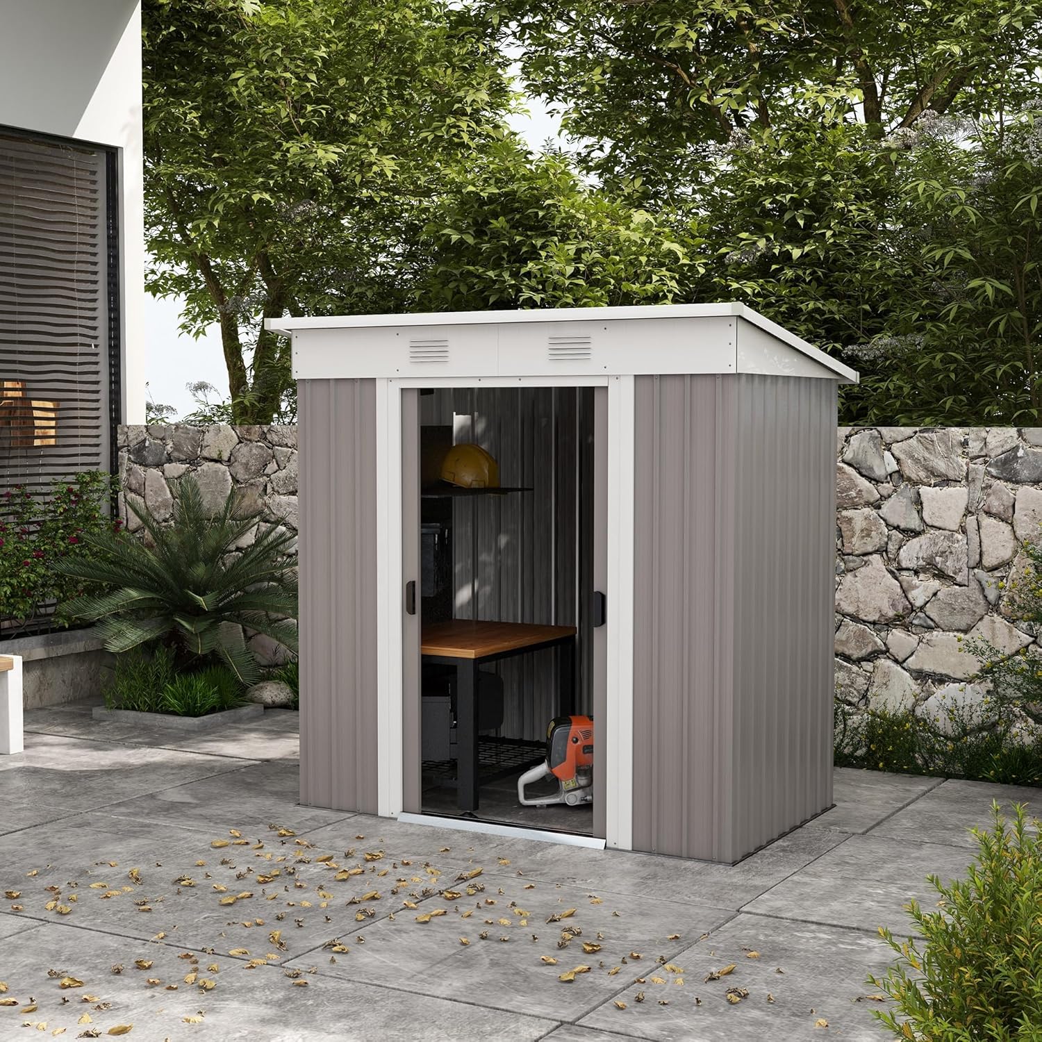 6' x 4' Metal Lean-to Garden Shed - Outdoor Storage with Double Sliding Doors, 2 Air Vents for Ventilation, Galvanized Steel, Ideal for Tools, Lawn Equipment, Backyard, Patio, Gray