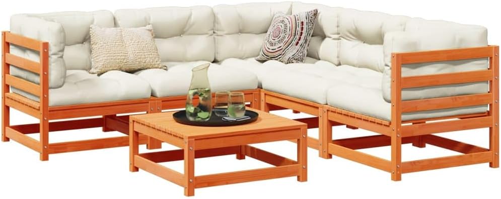 Patio Set 6 Piece Patio Sofa Set with Cushions Wax Brown Solid Wood Pine