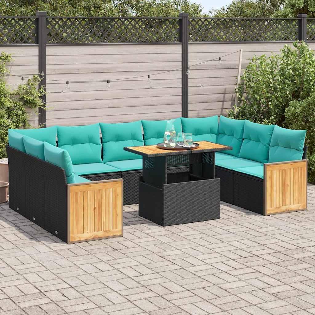 10 Piece Patio Sofa Set with Cushions Black Poly Rattan Acacia, Modular Outdoor Furniture with Removable Washable Covers and Storage Function