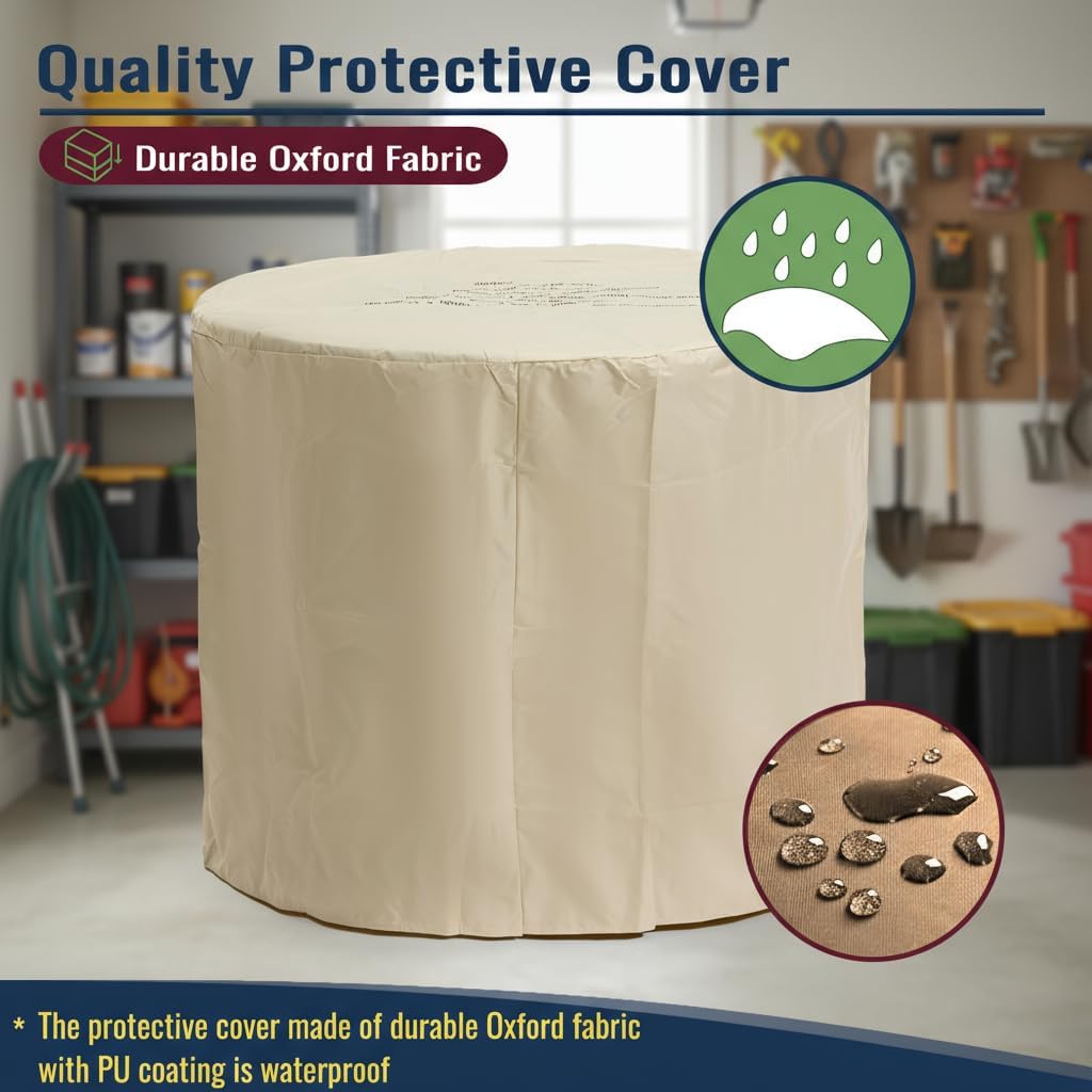 30-Inch Round Propane Fire Pit Table, 50,000 BTU Outdoor Gas Fire Table with Wood Grain Top, Black Steel Base, Hidden Tank Storage, Glass Beads for Patio Deck Backyard