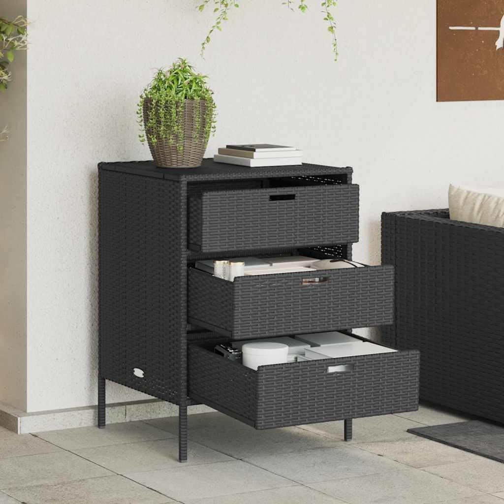 Black PE Rattan Garden Storage Cabinet, Weather-Resistant Outdoor Deck Box with 3 Drawers, Powder-Coated Steel Frame, Rectangular 23.2x21.7x31.5 Inch for Patio, Tools, Cushions