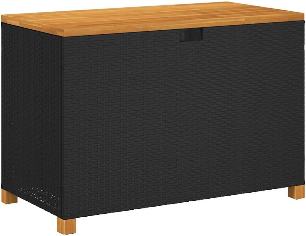 vidaXL Patio Storage Box/Bench Seat - Black Poly Rattan & Acacia Wood, for Garden/Patio, 43.3
