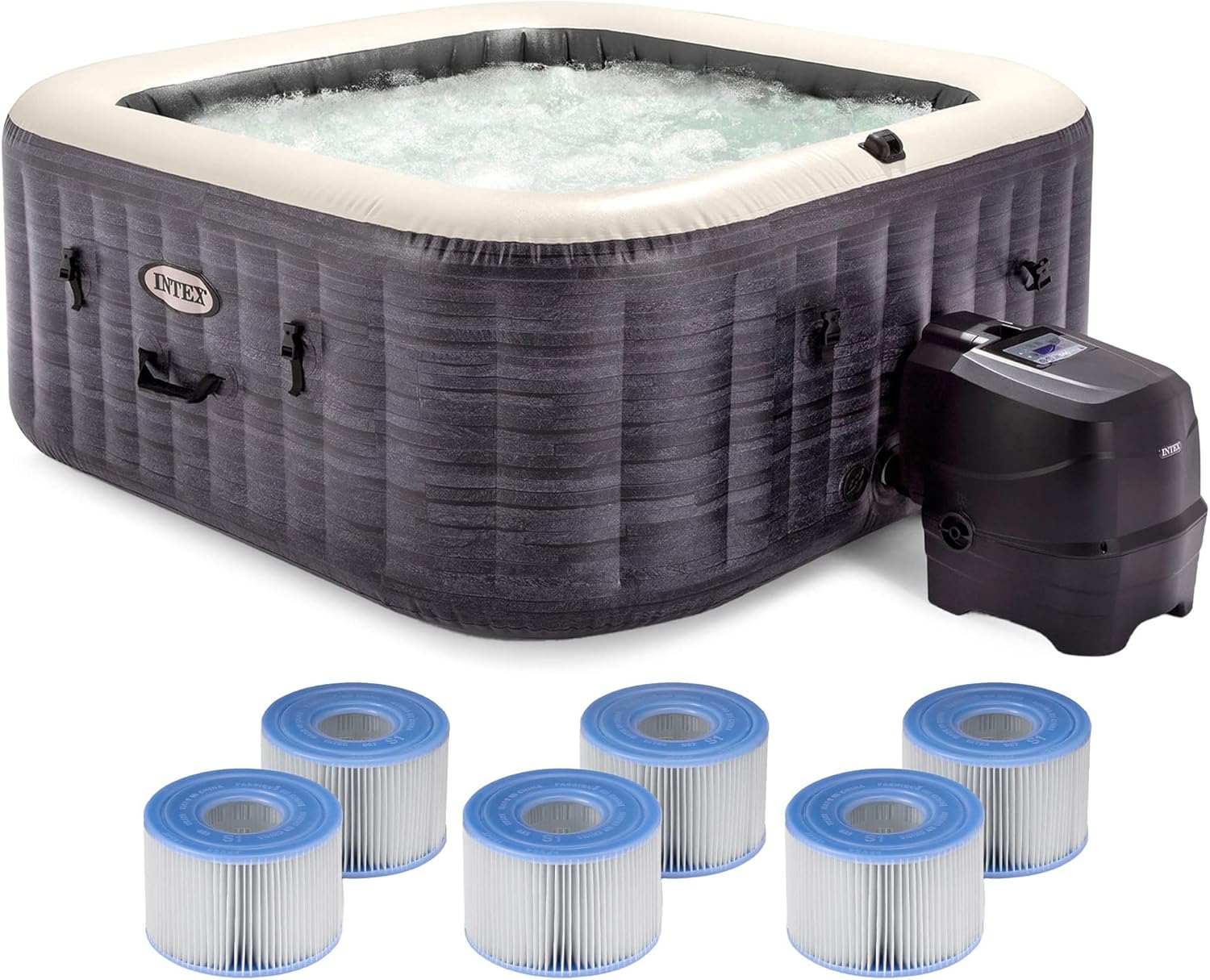 Intex 28449EP PureSpa Plus Greystone Inflatable Square Hot Tub, 83 x 28 & 29001E PureSpa Type S1 Easy Set Spa Filter Replacement Cartridges (6 Pack)