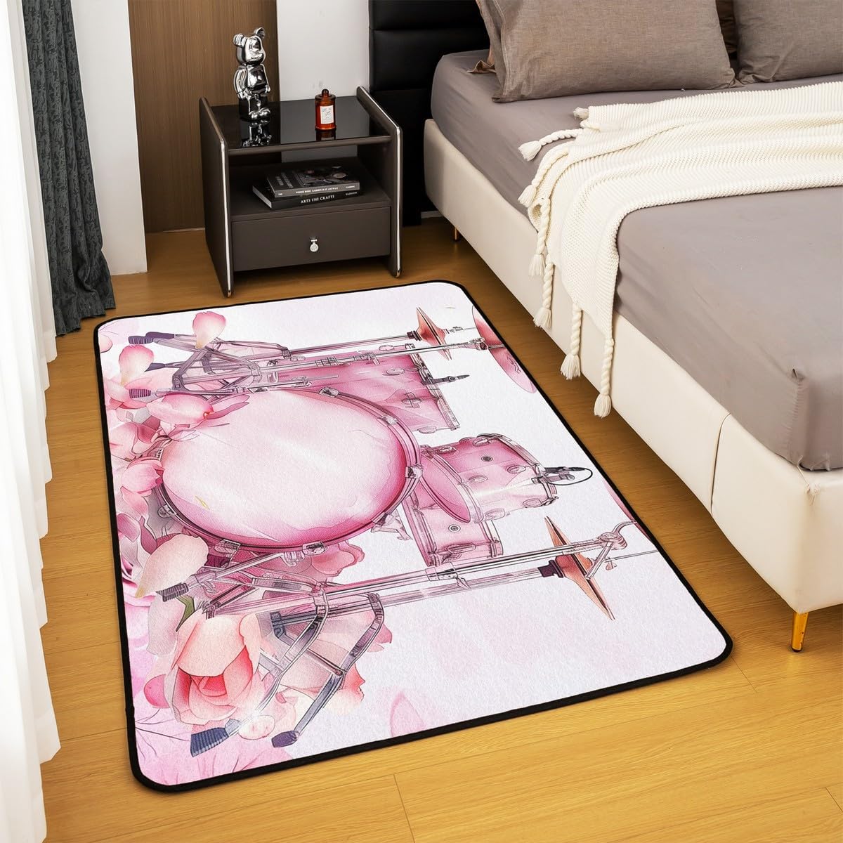 Drum Kit Rug 5x6'6'',Rock Music Themed Decorative Area Rug for Women Adults Men Teens,Rose Flowers Pink Non Slip Washable Decor Carpet for Indoor Outdoor