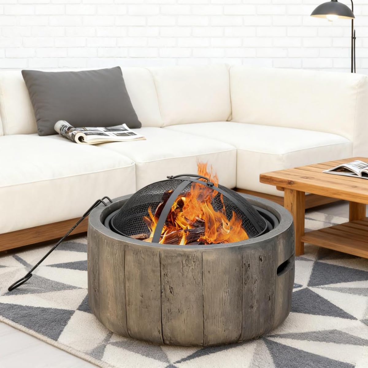 Smokeless Fire Pit 18 Inch Wood Burning Fire Pit for Outside Rustic Wood Stump Fire Bowl with Spark Screen Charcoal Grate & Poker for Backyard Patio & Garden