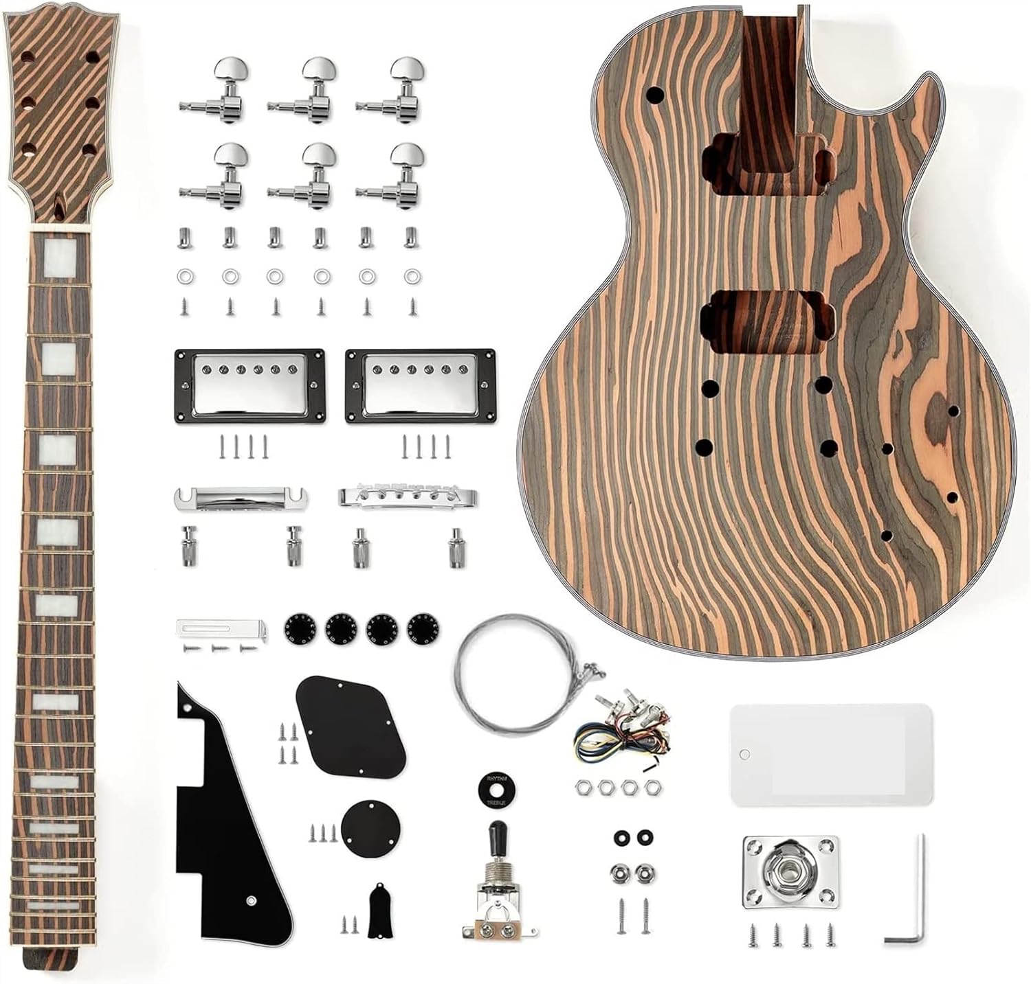 TSTS New 6 String Guitar Kit Zebrawood Solid Body for LP Style Electric Guitar Builder Kit Guitar DIY Accessory
