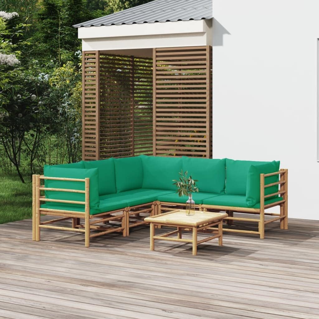 6 Piece Patio Lounge Set with Green Cushions Bamboo,Luxurious Bamboo Patio Lounge Set with Modular Design for Enhanced Comfort and Convenience Patio Furniture Sets, Outdoor Furniture Sets