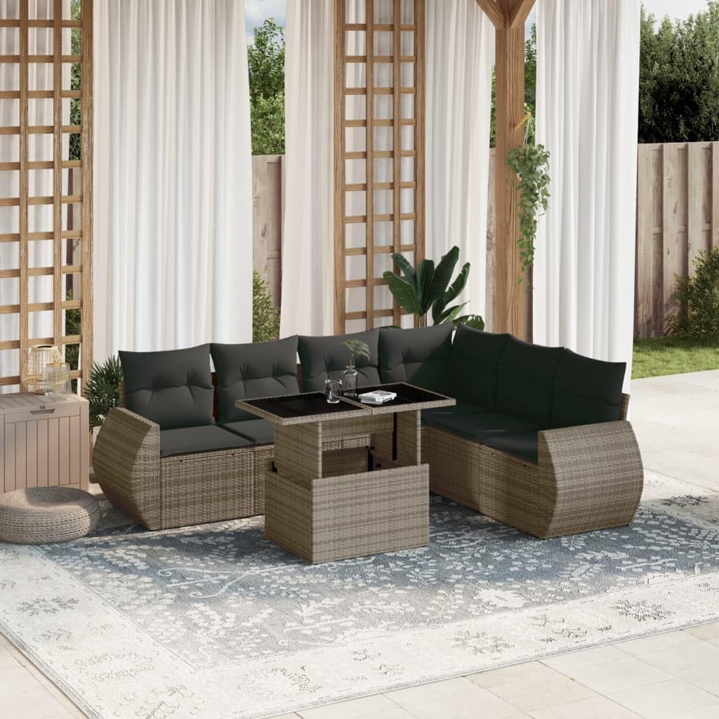 7-Piece Garden Sofa Set Grey, Modular Poly Rattan Patio Furniture for 6 People, Outdoor Dining Table and Chairs, Weather-Resistant Terrace Seating