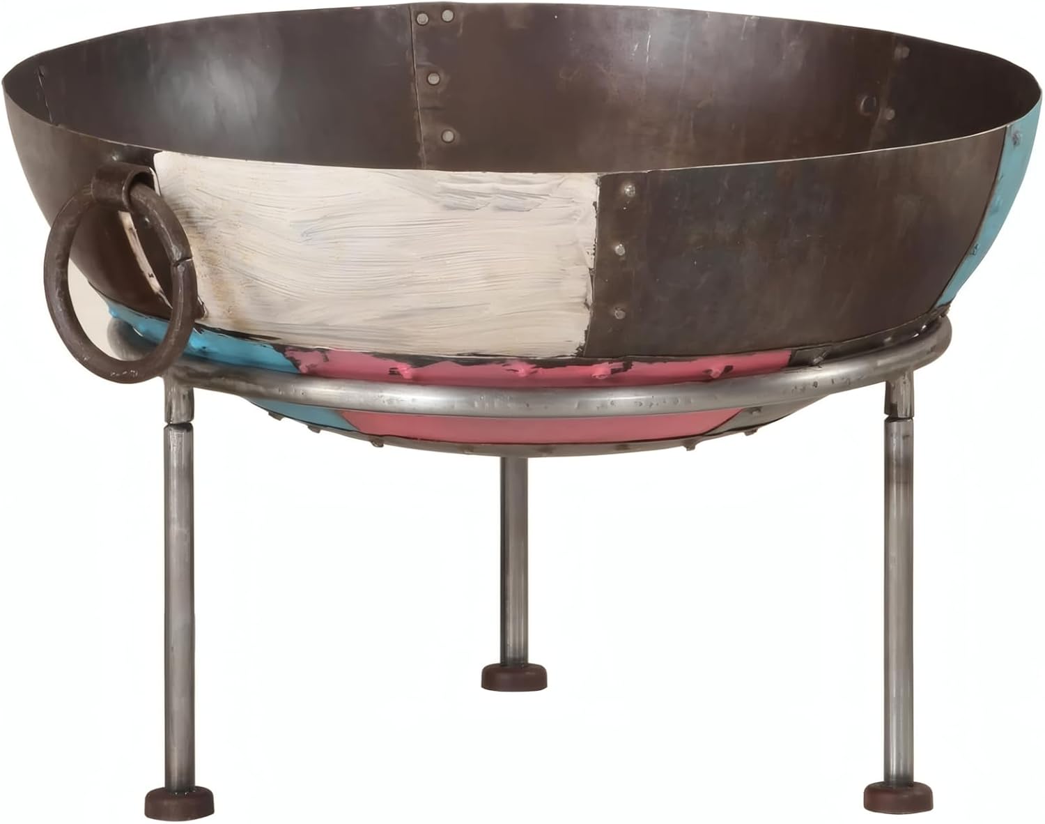 Penau Outdoor Round Fire Pit Bowl, Iron Construction, Portable with Two Handles and 3 Legs for Stability, Large Deep Bowl for Gatherings, Multicolor Mixed Finish, 21.7 x 21.7 x 15 Inchs