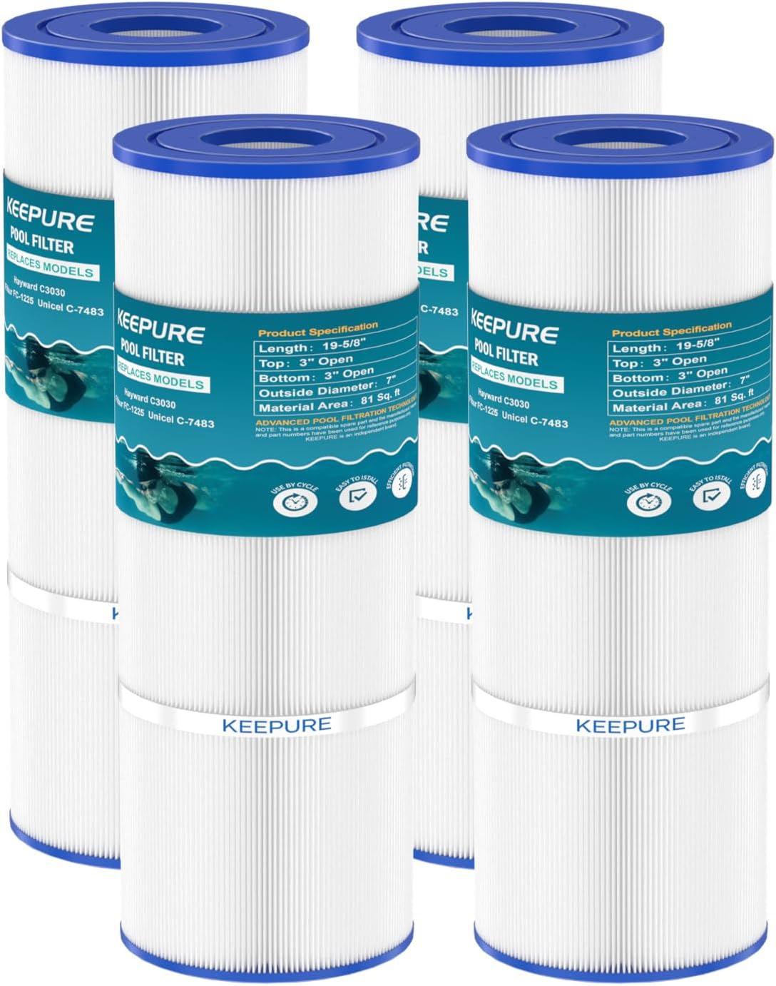 C3030 Pool Filter Cartridges Replacement for PA81,C-7483,CX580XRE,C580E,PA81-PAK4,C3025,C3020, FC-1225,FC-6425,4 ×81 Sq.Ft, 4 Pack