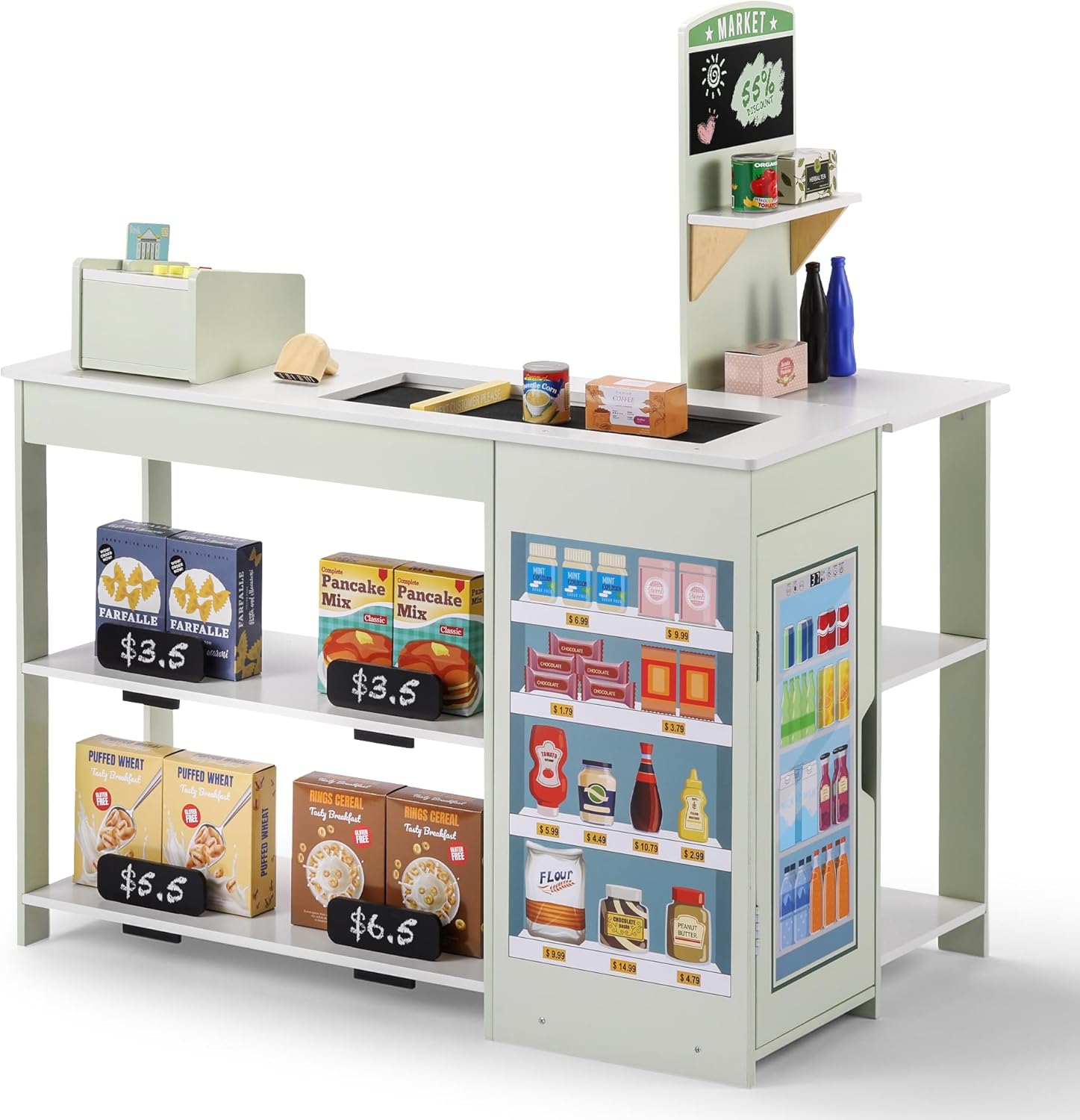 SainSmart Jr. Grocery Store Pretend Play, Wooden Play Store with Cash Register, Chalkboard, Cooler, Play Food Accessories, for Toddlers Aged 3+, Light Sage Green