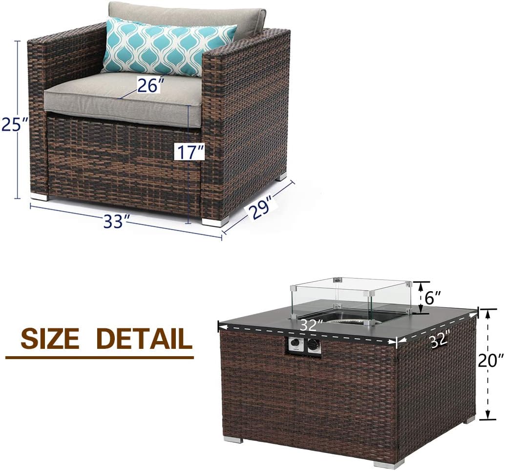 AQUILLA Outdoor 5 Pieces Patio Furniture, 32-inch 40000 BTU Square Wicker Fire Table w Wind Guard Glass for Garden