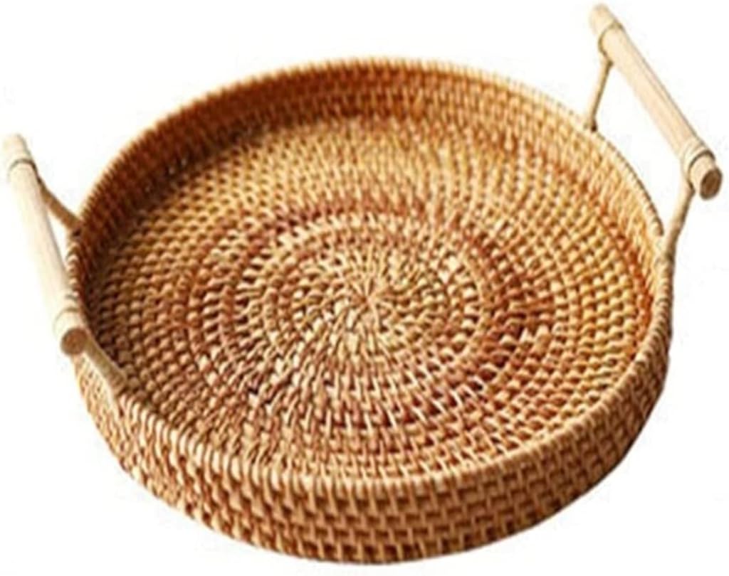 Rustic Picnic Basket, Woven Rattan Round Tray Fruit Food Storage Platters Plate for Drink Snack Picnic Basket Portable Basket for Outdoor Camping (Color : Brown, Size : 28 * 7 * 4cm)