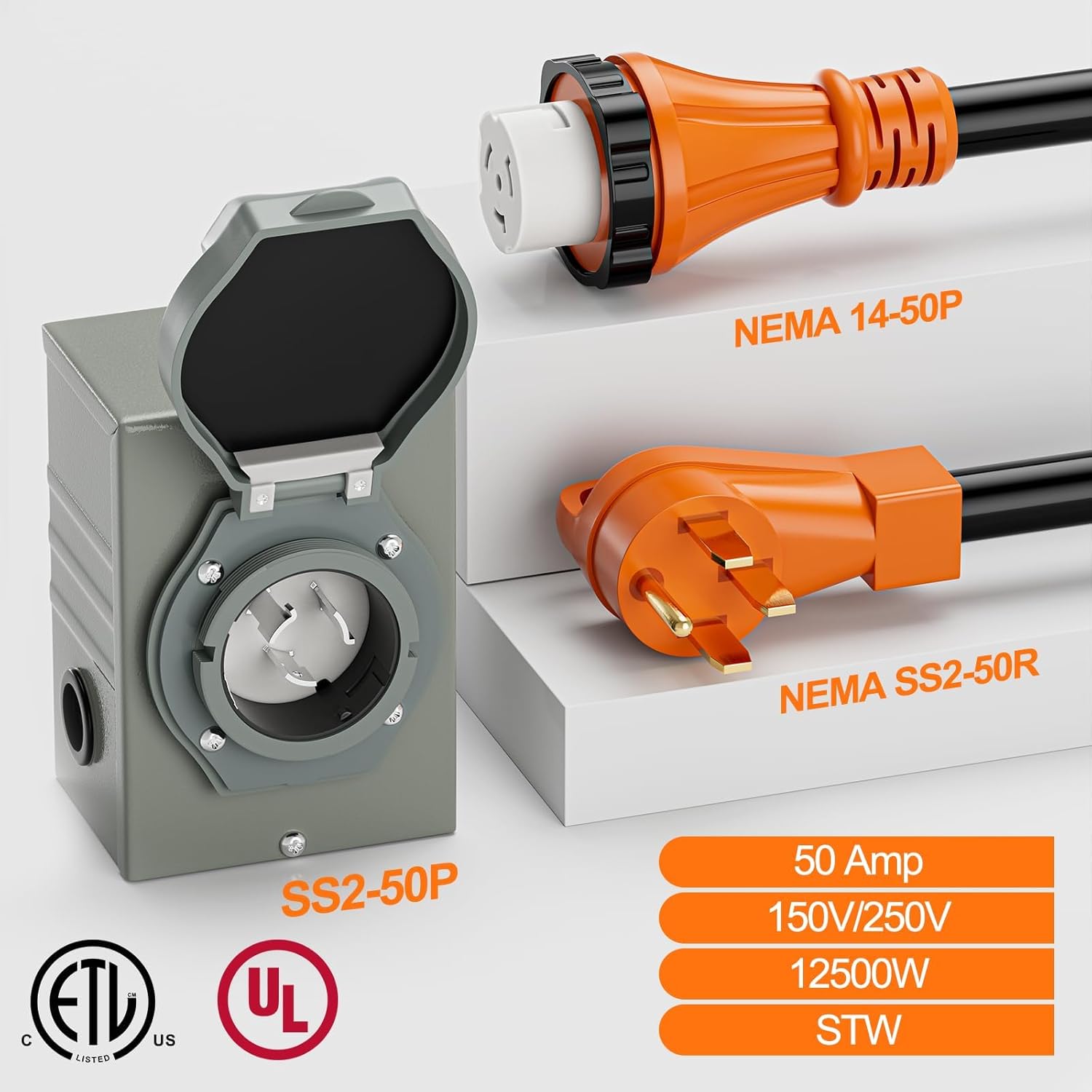 50 Amp Generator Cord and Pre-Drilled Inlet Box Kit, 25ft Generator Cable Extension 50A 4 Prong NEMA 14-50P to SS2-50R with Twist Lock, Heavy Duty STW Wire for RV Camper & House, ETL Listed