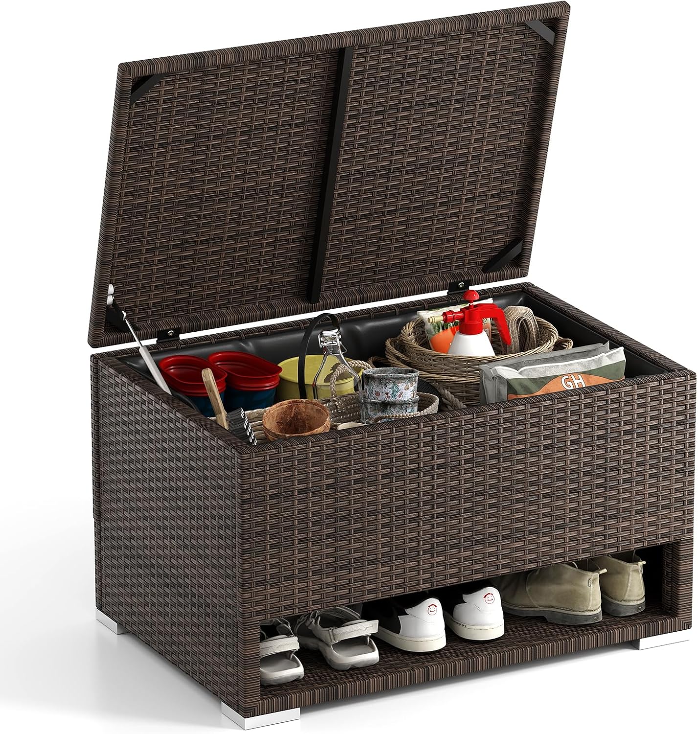 HAPPYGRILL PE Rattan Deck Box with Shoe Rack, 48 Gallon Storage Bin with Waterproof Liner, Outside Container with Lid, Outdoor Storage Box for Patio Cushions, Garden Tools & Pool Accessories