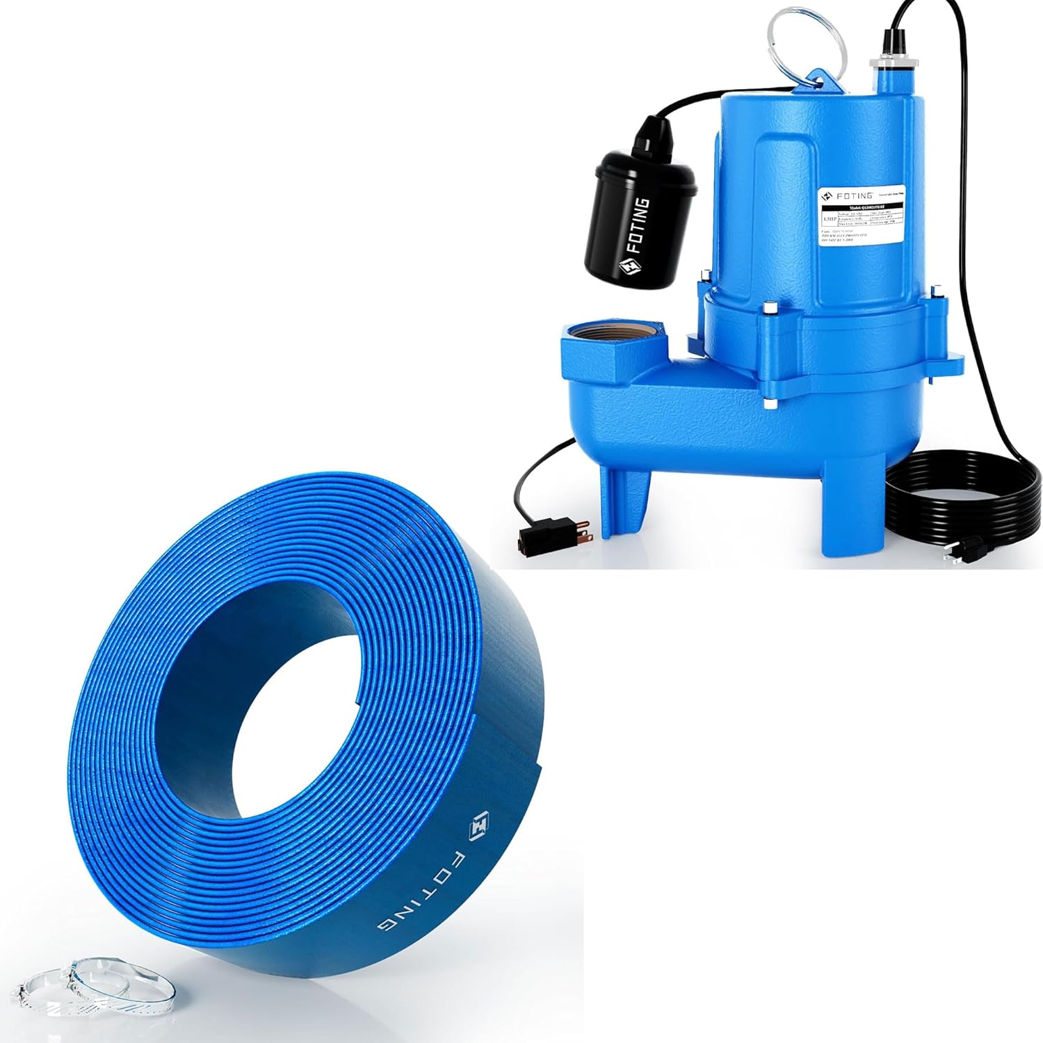 FOTING 1.5HP 9000GPH Submersible Sewage/Effluent Pump with FOTING 50FT Pool Backwash Hose 1-1/2 IN