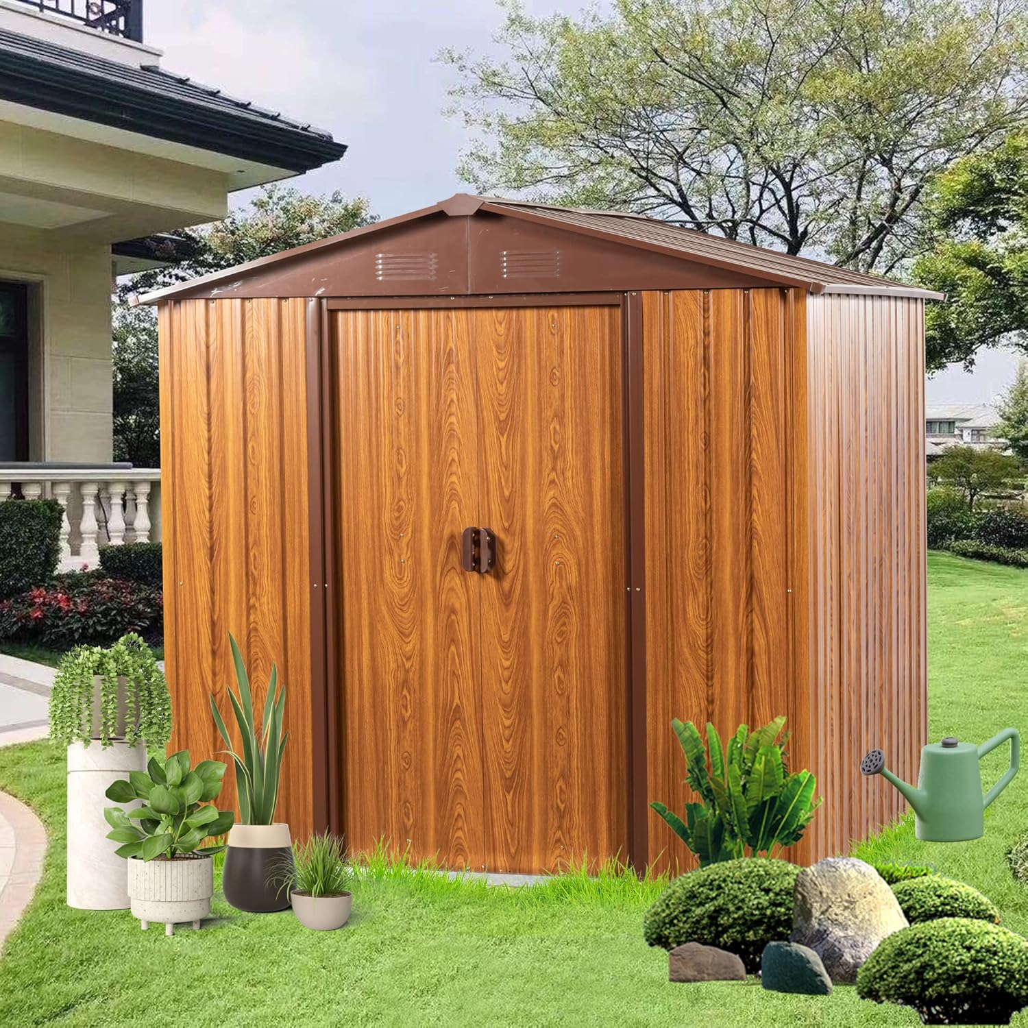6x6 Ft Outdoor Storage Shed Waterproof Metal Garden Tool Bike Sheds Kit Lean to Backyard Storage Building Cabinet House,Coffee