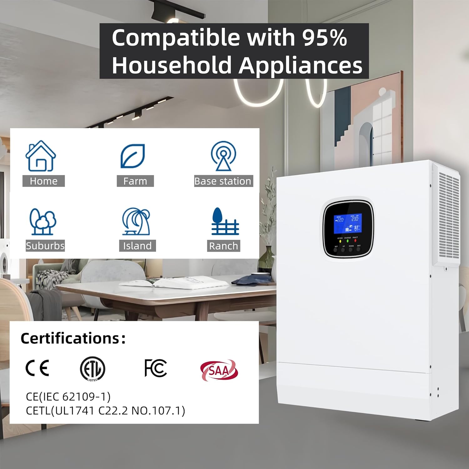 5000W Hybrid Solar Inverter 48VAC to 110V/120VAC, Built-in 80A MPPT Solar Charge Controller, Max.PV Input 5500W, 500VDC, 22A, Work w/ 48V Lead Acid/Lithium Batteries, for Home,RV,Truck