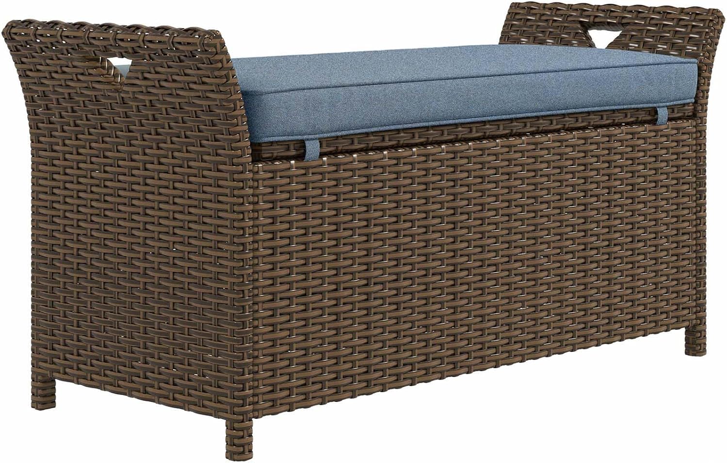 27 Gallon Patio Wicker Storage Bench, Outdoor PE Rattan Patio Furniture, 2-in-1 Large Capacity Rectangle Garden Storage Box with Handles and Cushion, Dark Blue