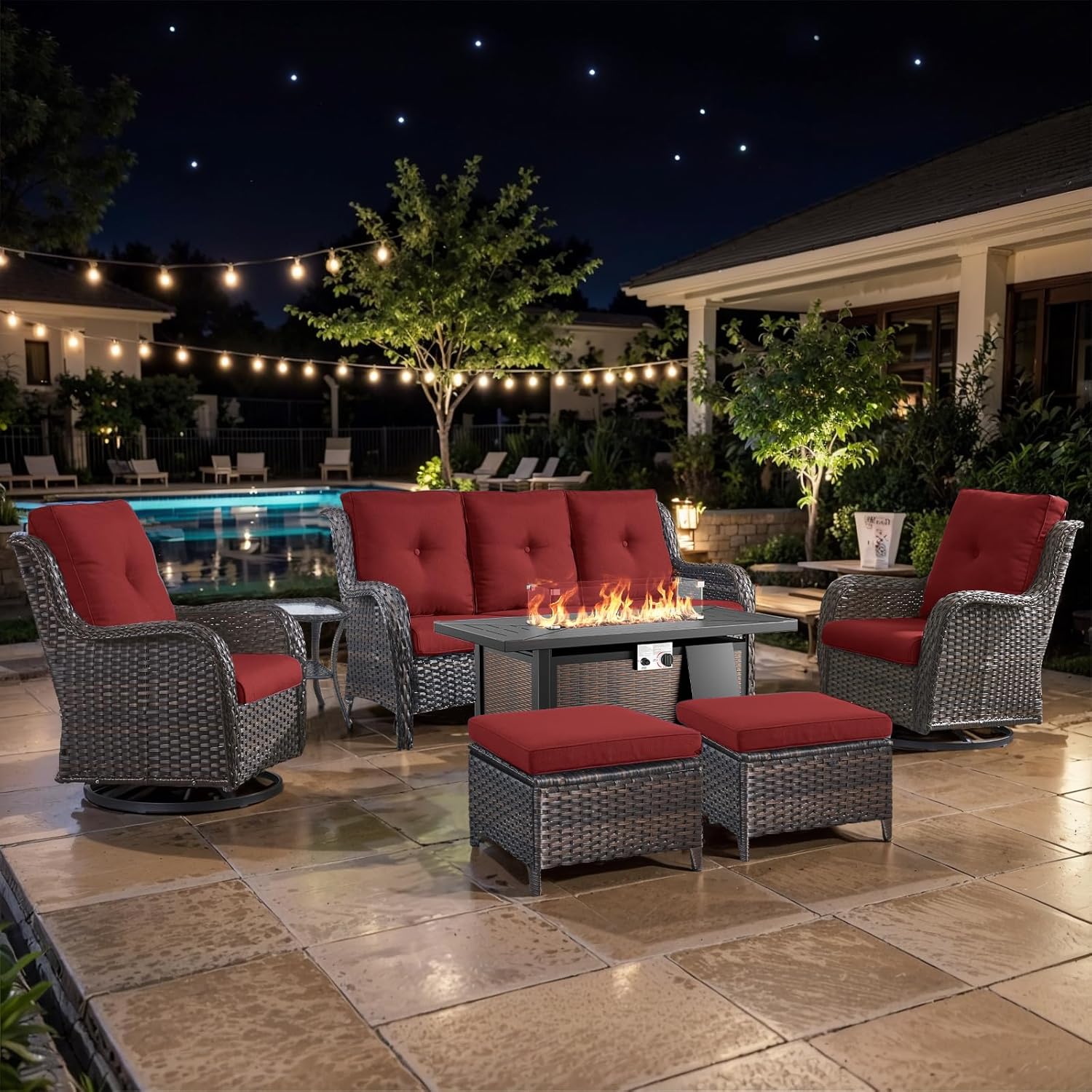 7 Pieces Patio Furniture Set with Fire Pit Table, Wicker Rattan Outdoor Furniture Set with Swivel Rocker Chairs for Yard, Deck, Garden, Brown/Red