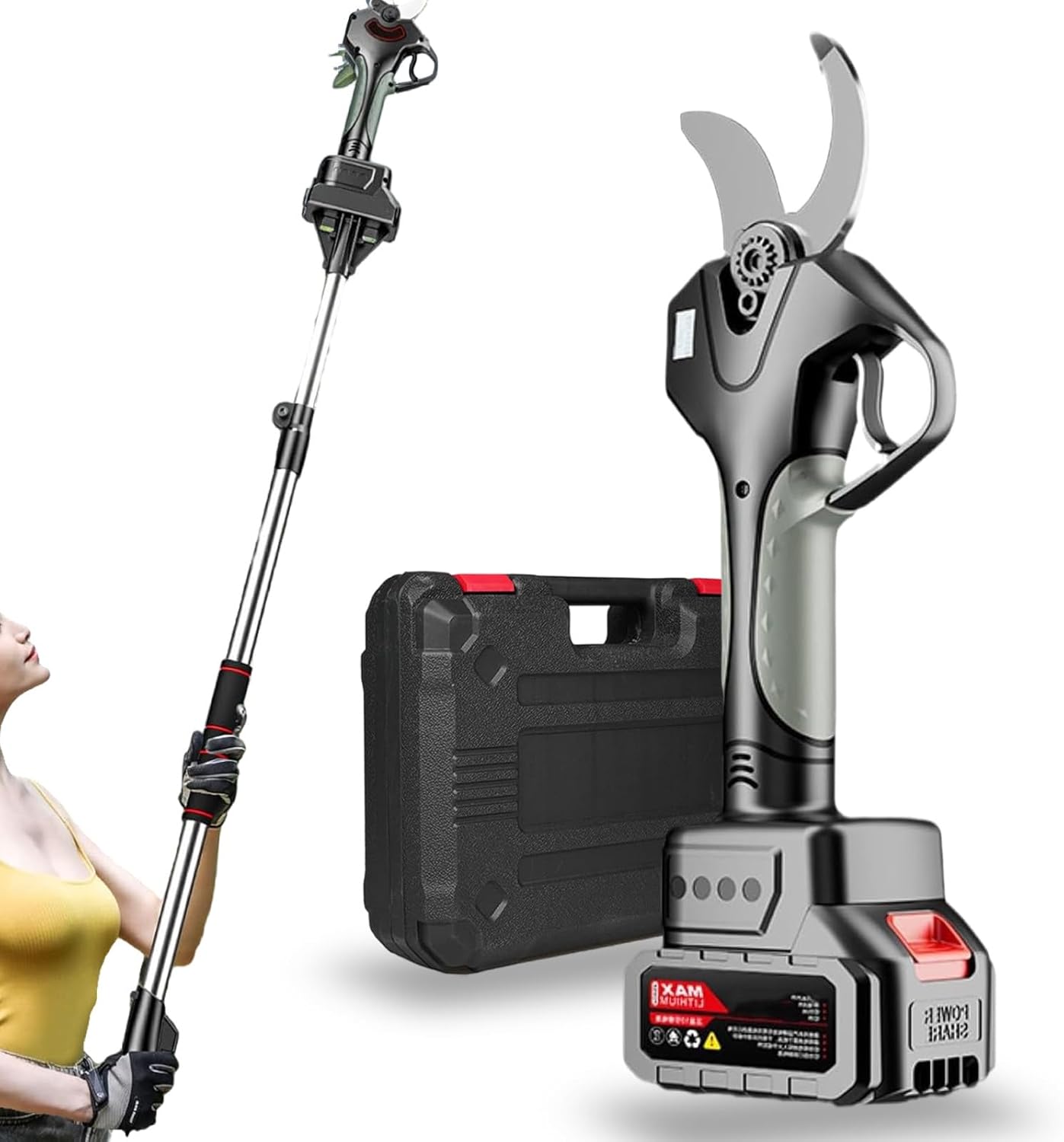 Cordless Electric Pruning Shears,portable wireless garden scissors,Extendable Tree Pruning Pruner,78mm/3.07inch Max Cutting Diameter,with Extension Poles,for Hedge, Bush, Orchard,‎1Battery