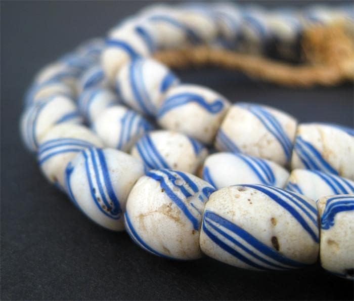 The Bead Chest Antique Great Lake Trade Beads Long Strand 9mm West Africa African Blue Oval Glass Large Hole 32 Inch Strand Handmade