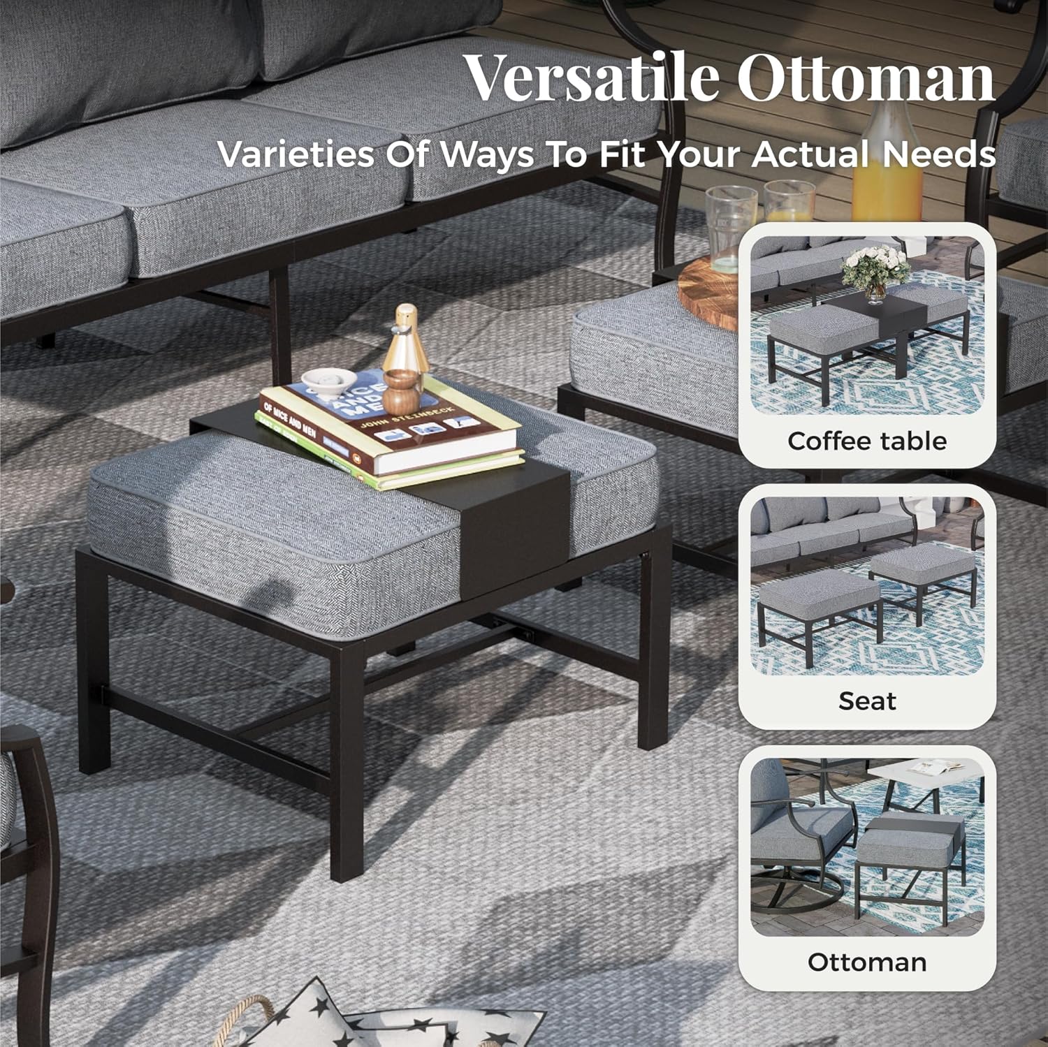 Patio Furniture Set, 6 Pcs Metal Outdoor Conversation Set, 2 Swivel Chairs, 2 Ottomans and 3 Seater Sofa with 5.75