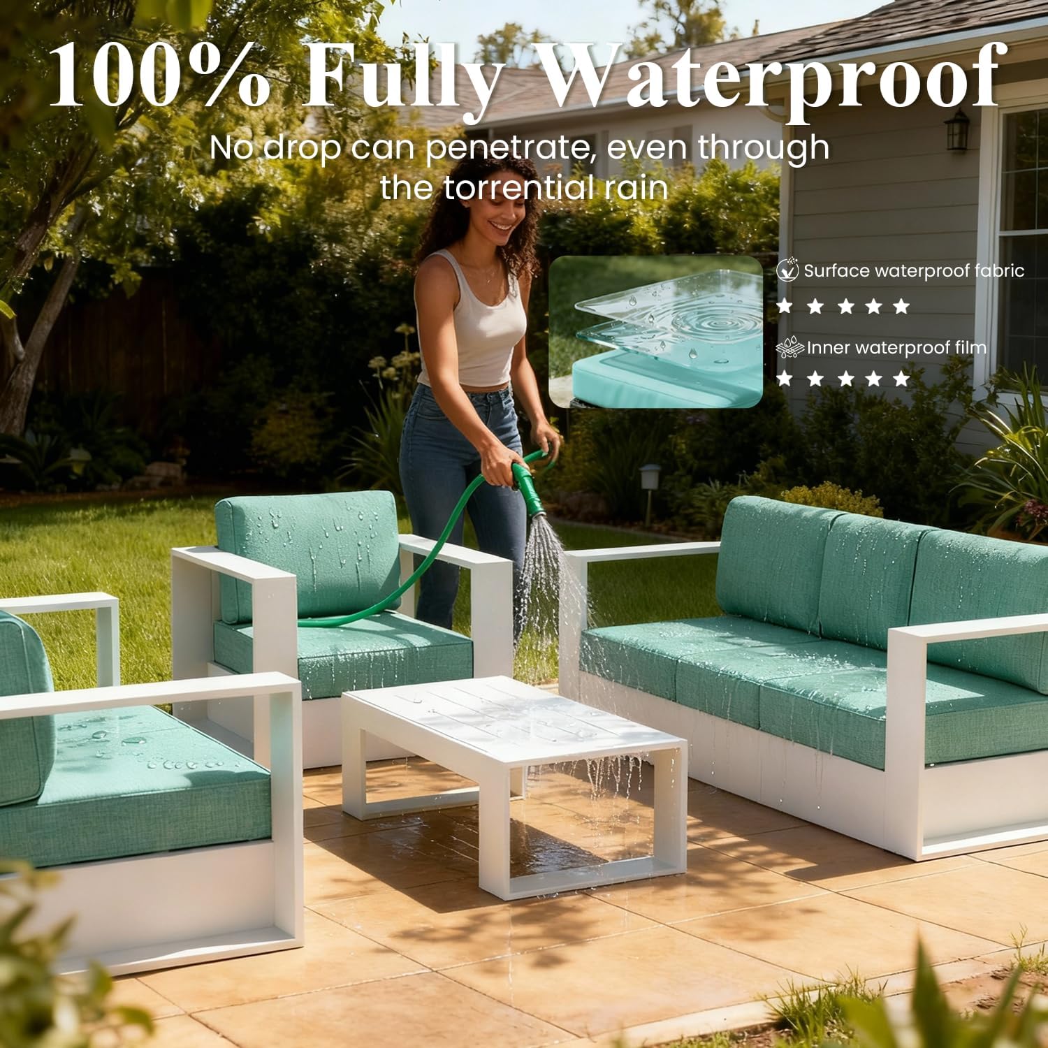 LayinSun Oversized Aluminum Outdoor Furniture Set, 5 Piece Patio Sofa Sets with Fire Pit Table, Deep Seating and Upgraded 6-inch Cushions for Porch, Balcony, Deck