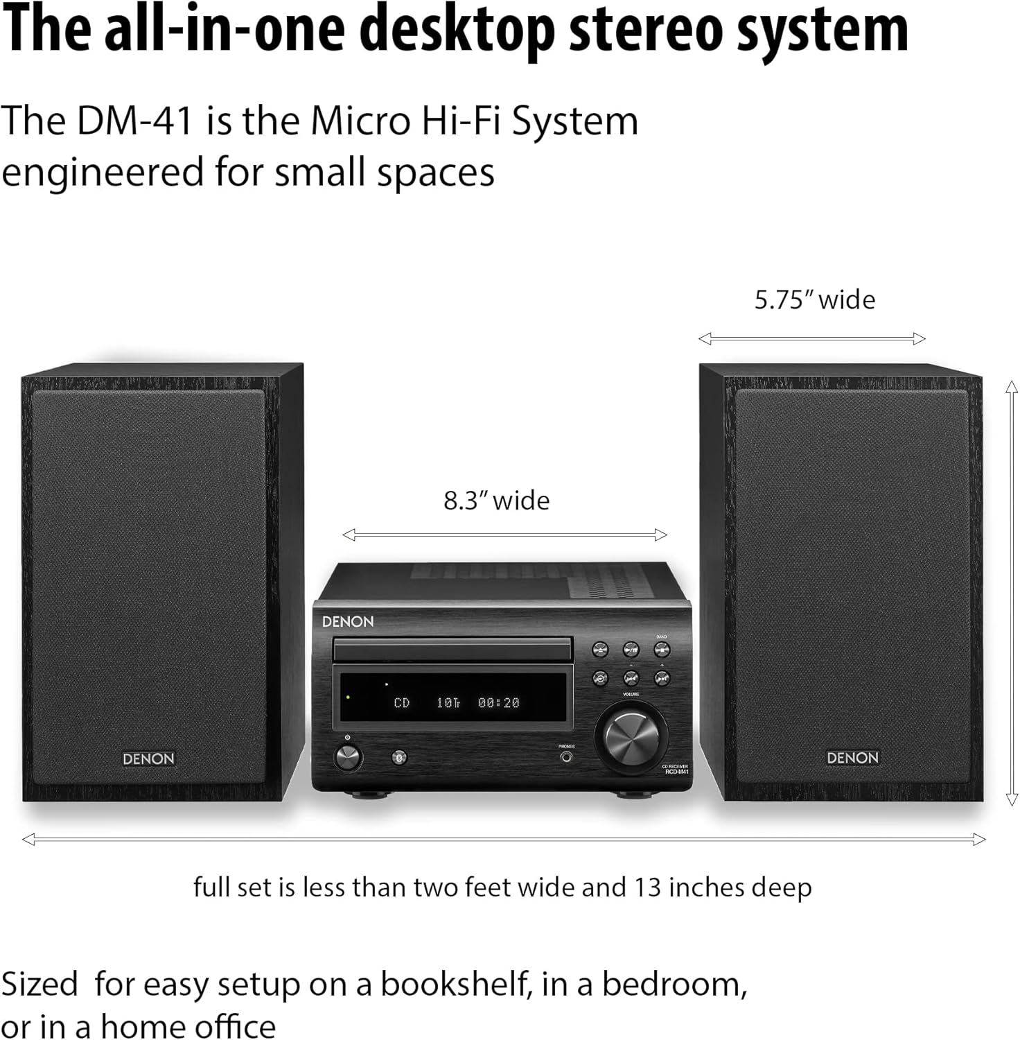 Denon D-M41 Home Theater Mini Amplifier and Bookshelf Speaker Pair - Compact HiFi CD Stereo System with Speakers, FM/AM Tuner, Wireless Bluetooth Amplifier | Perfect for Small Rooms and Home Cinema