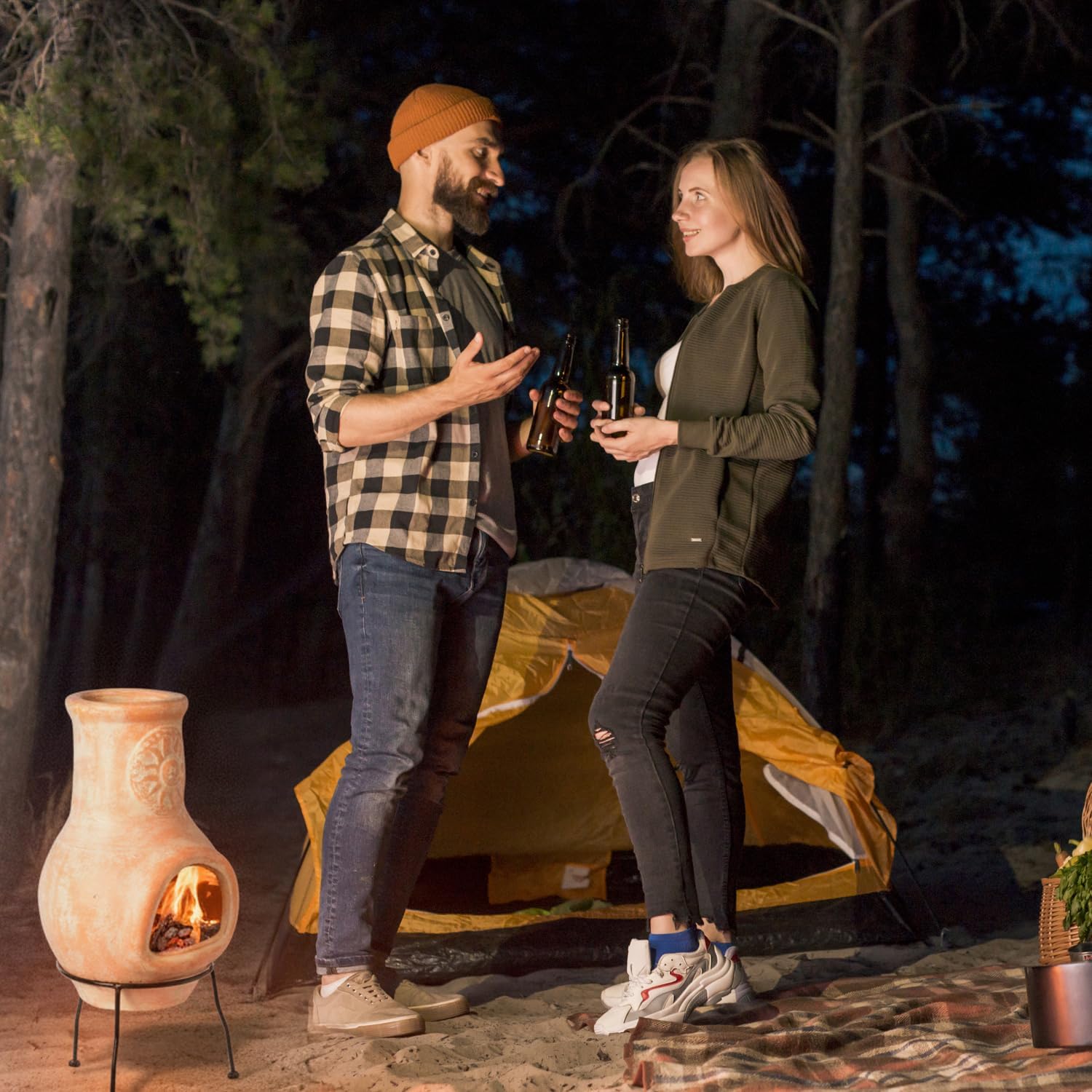 Outdoor Beige Clay Chiminea Outdoor Fireplace Sun Design Charcoal Burning Fire Pit with Sturdy Metal Stand, Barbecue, Cocktail Party, Family Gathering, Cozy Nights Fire Pit