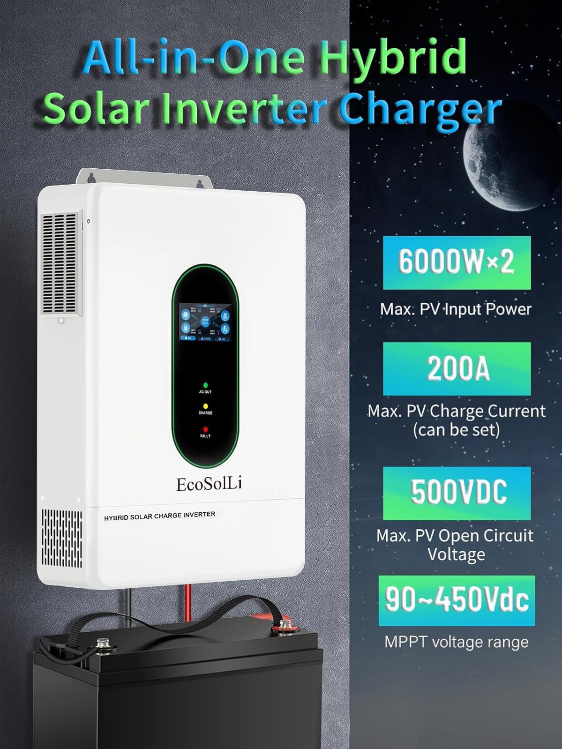 12000W Hybrid Inverter, 48V Split Phase Solar Inverter with WiFi, 120V/240V AC Input/Output (settable), Built-in 2 MPPT Solar Controllers, Max. 6 Parallel for Home, RVs, Lead Acid/Li