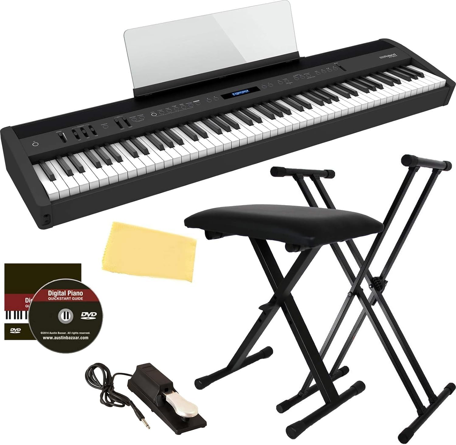 Roland FP-60X 88-Key Digital Piano - Black Bundle with Adjustable Stand, Bench, Sustain Pedal, Online Piano Classes, Instructional DVD, and Austin Bazaar Polishing Cloth