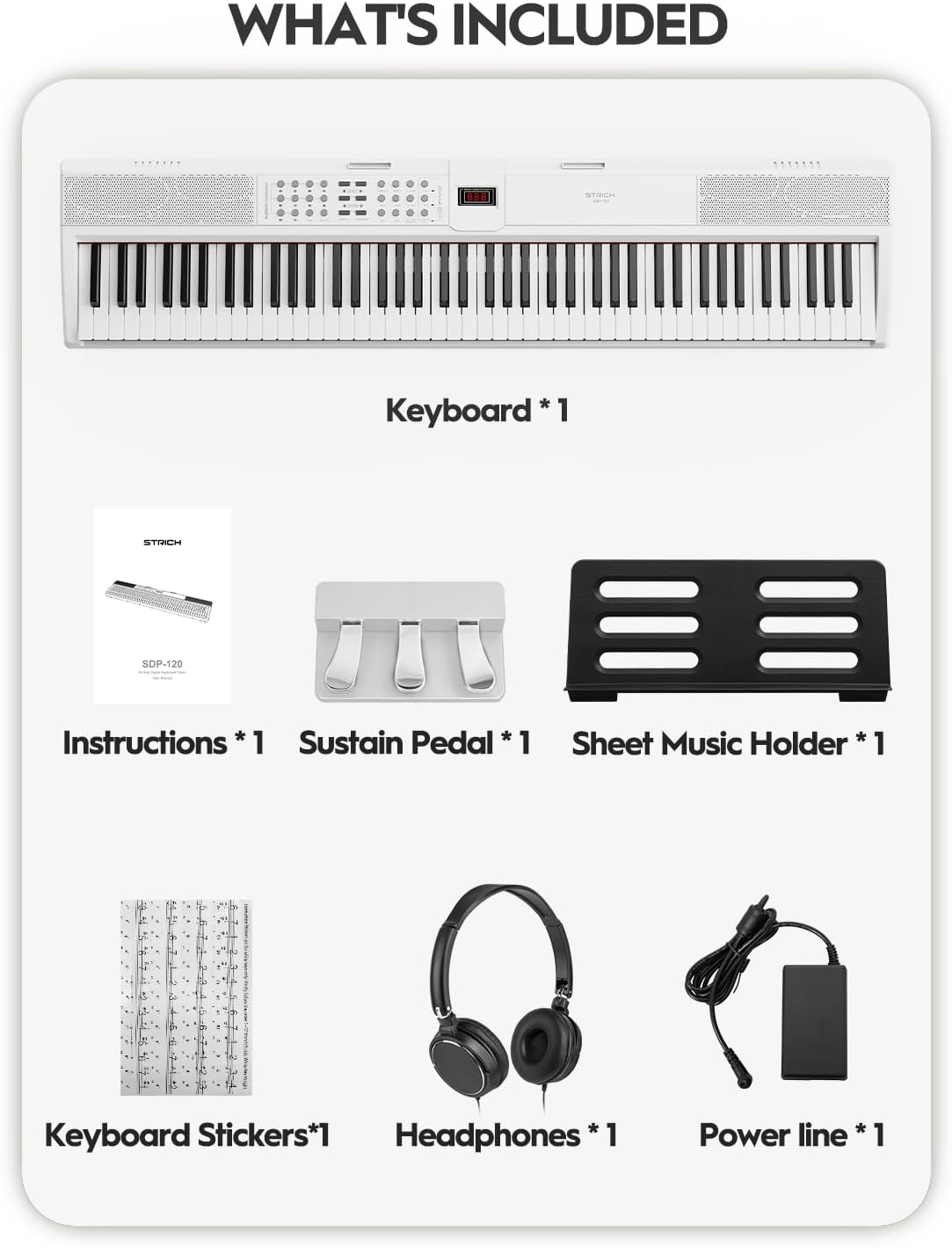 STRICH 88 Keys Weighted Keyboard with Sustain Pedal, Hammer-Action Digital Piano, 2x15W Built-In Speakers, Full-size Electric Piano Keyboard Supports USB-MIDI/Wireless Connect, White, SDP-120