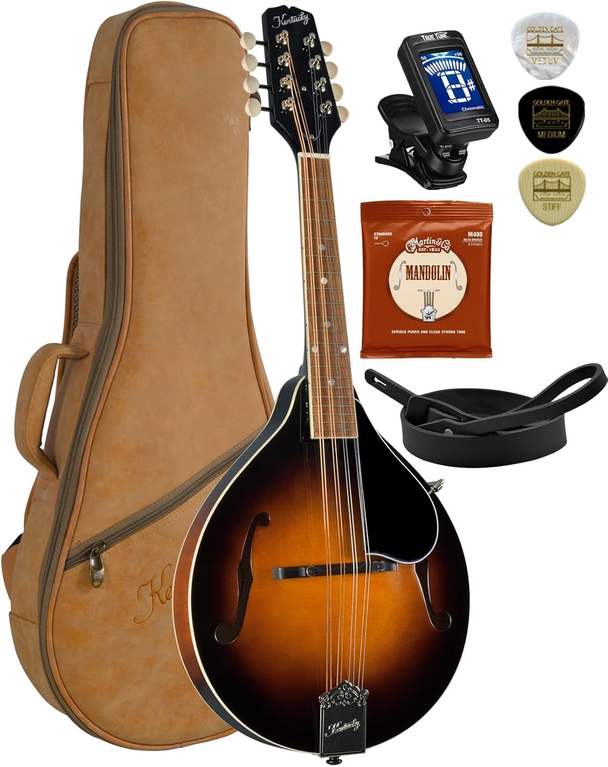 Kentucky KM-150 Standard All-Solid A-Model Mandolin with Instrument Alley Bag, Tuner, Picks, Strap, Strings Bundle