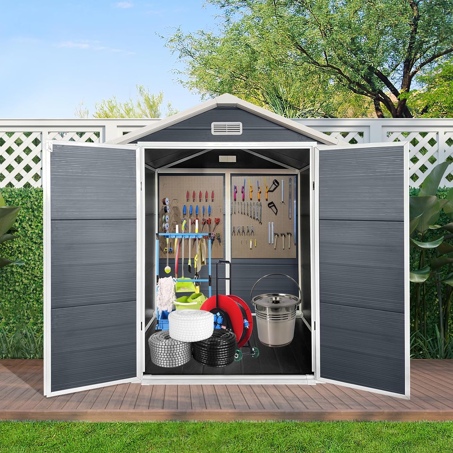 KEIKI 6x6 FT Plastic Outdoor Storage Shed, Outdoor Garden Shed with Floor & Lockable Door, Tool Shed for Backyard, Lawn, Cold Grey