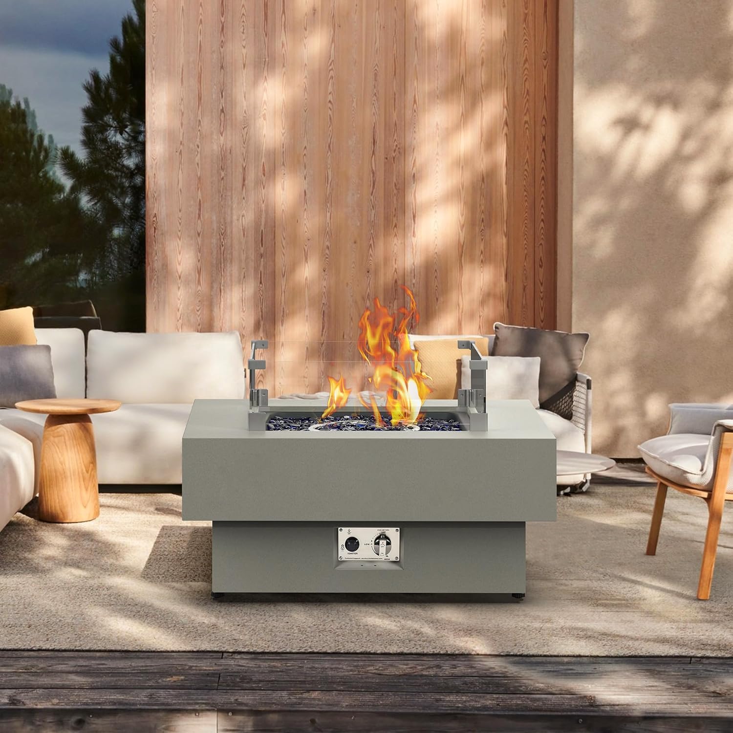 32.5-inch Fire Table with Natural Gas Conversion Kit & Wind Glass Shield, 50,000BTU Outdoor Modern Patio Fire Pit Table w/Square Burner Lid, Glass Rocks, Cover