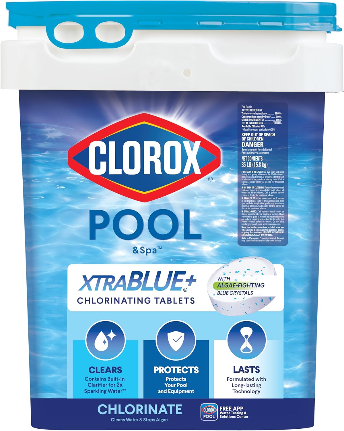 Clorox Pool&Spa XTRABLUE Plus 3” Chlorinating Tablets, Individually Wrapped, Kills Bacteria & Stops Algae (35 LB)