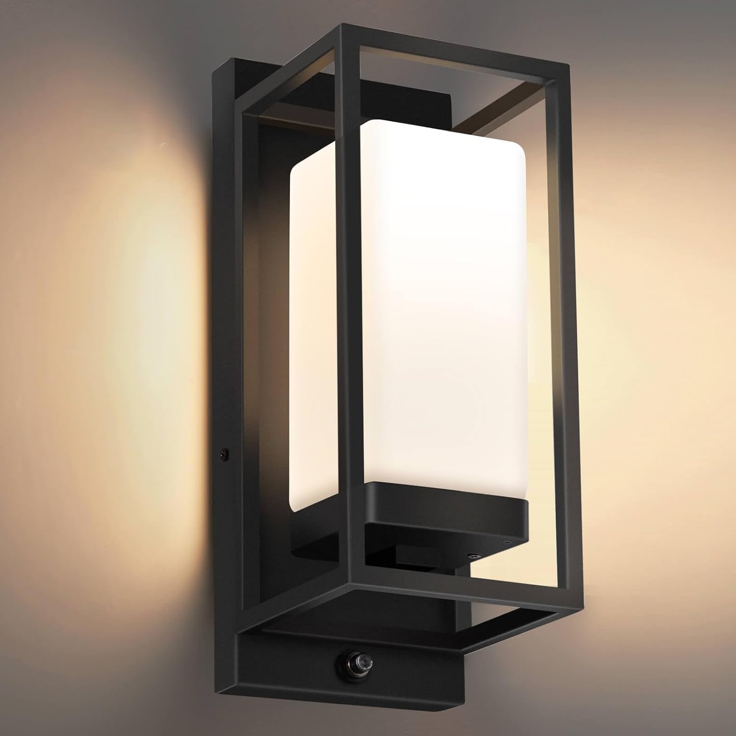 SHIMR Outdoor Wall Light with Dusk to Dawn Sensor, Black Outdoor Light Fixture with LED Bulb Included, E26 Base, Waterproof Exterior Sconce for Porch Garage Front Door