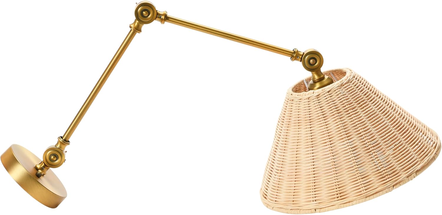 Creative Co-Op Coastal Adjustable Wall Sconce with Neutral Beige Rattan Shades, Antique Metal Brass Finish