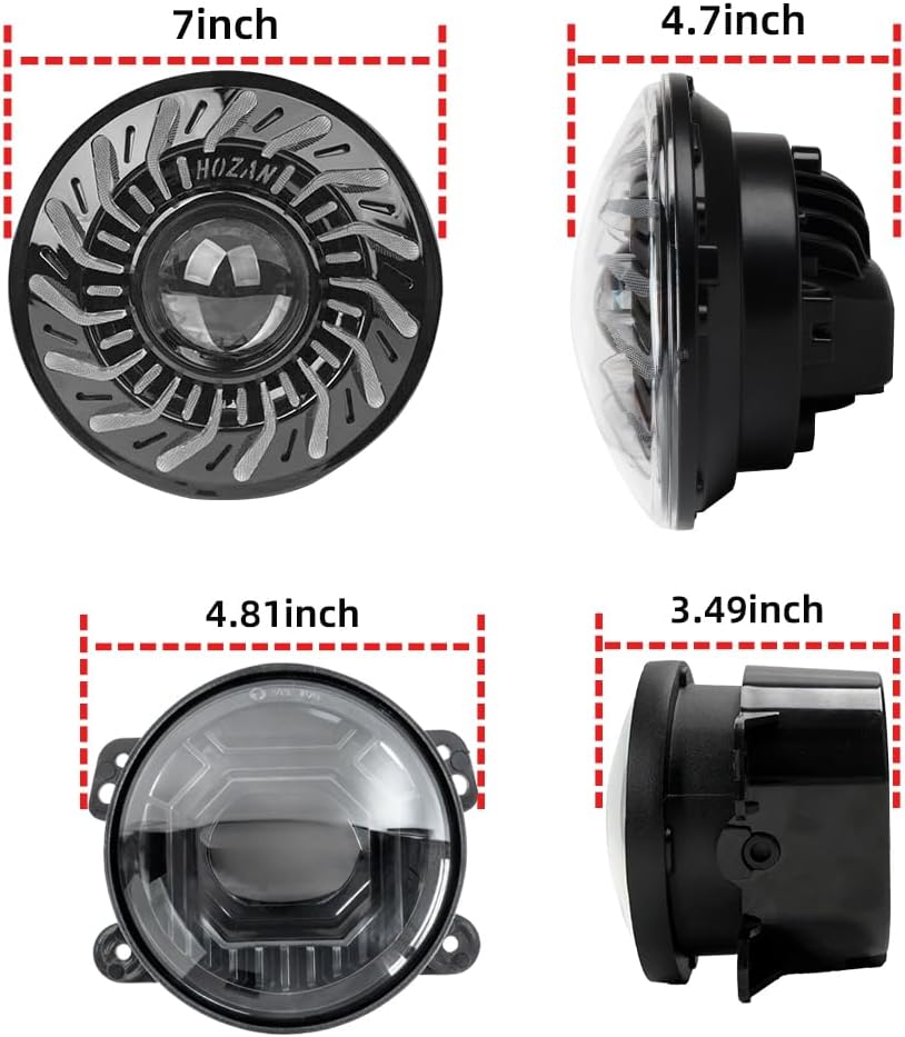 7-inch turbo dynamic circular headlights and 4-inch angel eye new fog lights combination, suitable for Jeep Wrangler JK JKU LJ CJ TJ 1997-2018 JKU and other car models Accessories