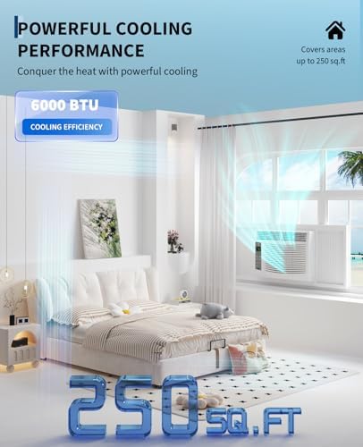6,000 BTU Window Air Conditioner for Room Up to 250 Sq. Ft, 3 In 1 Quiet Window AC Unit with Cool, Fan, Dry Modes, Smart WIFI Control & Easy Install for Bedrooms, Apartments, Dorms