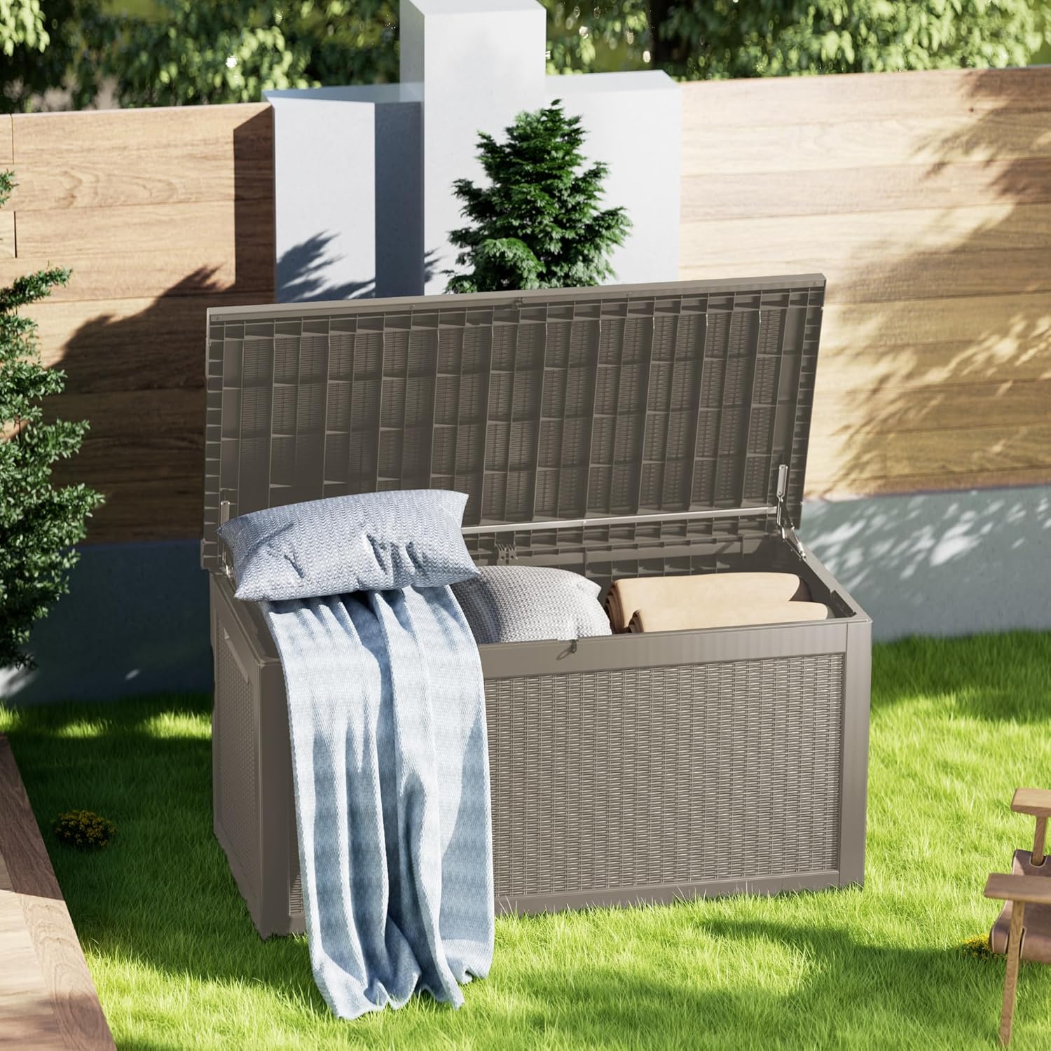 320 Gallon Resin Deck Box, Waterproof Outdoor Storage Box for Patio Furniture Cushions, Garden Tools, and Pool Accessories, Large Lockable UV-Resistant Storage Bin Bench Cabinet for Outside, Grey