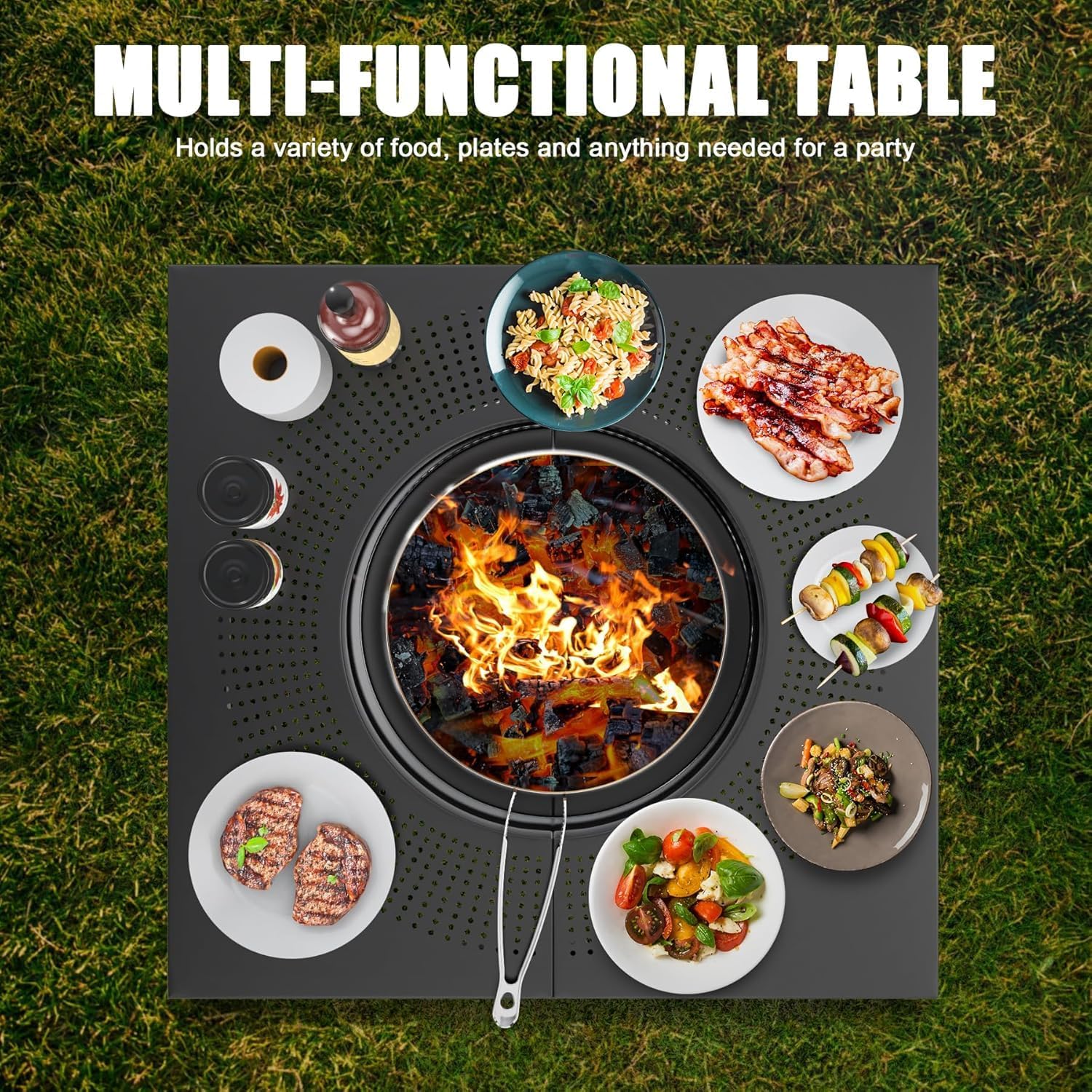 45'' Fire Pit Surround Tabletop for Solo Stove Yukon, Bonfire and Ranger Wood Burning, Outdoor Powder-Coated Square Fire Pit Table with Dust Cover, Outdoor Smokeless Fire Pit Table