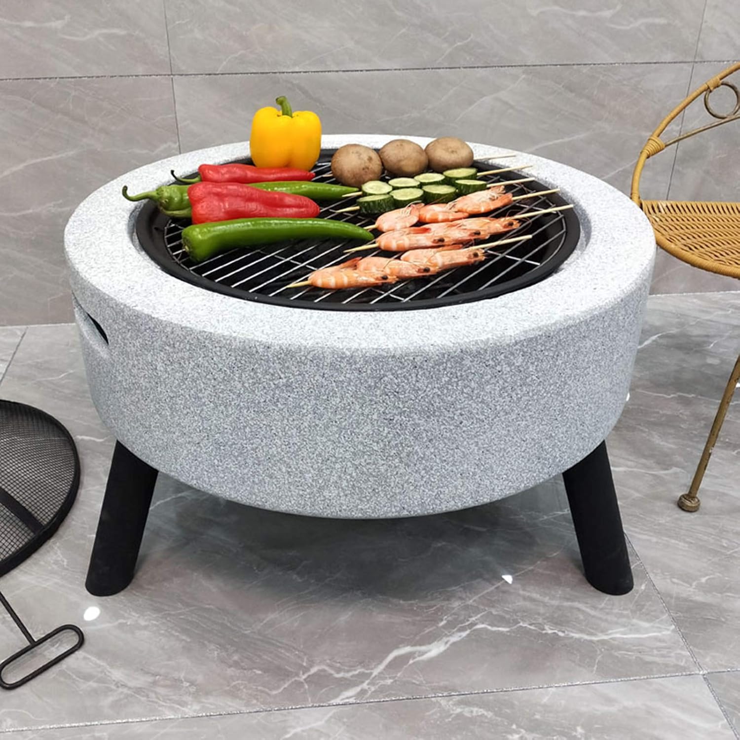 Concrete Round and Wood Burning Fire Pit Outdoor Garden Fire Pit Backyard Patio Garden Fireplace 3 in 1 Fireplace for Bonfire Barbecue in The Wild for Camping, White