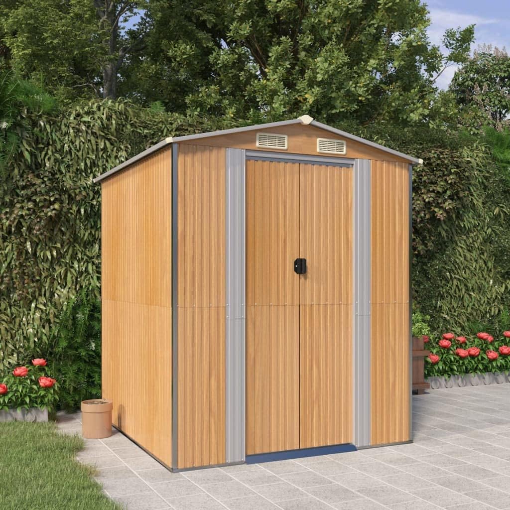 Light Brown Galvanized Steel Garden Shed 75.6x75.2x87.8 Inch Outdoor Storage Shed with Double Sliding Doors for Backyard Pool Tools Lawn Equipment