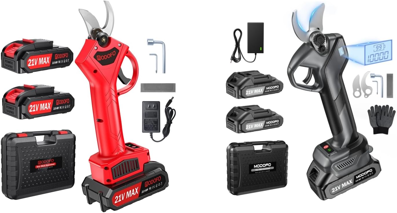 2 Pack Electric Pruning Shears with 4x 2.0Ah Batteries - Adjustable Cutting Blades, Cordless Garden Pruners for Tree Branches, Hedge Trimming - Includes Portable Storage Case